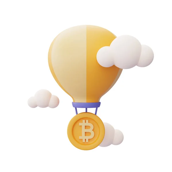 白い背景に隔離された雲に囲まれた熱気球とビットコイン ブロックチェーン技術 最小限のスタイル 3Dレンダリング — ストック写真