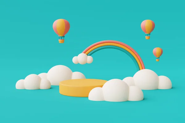 3 boyutlu yaz tatili konsepti, renkli podyum gösterisi sıcak hava balonu, bulutlar ve gökkuşağı, minimal biçim 3D görüntüleme.