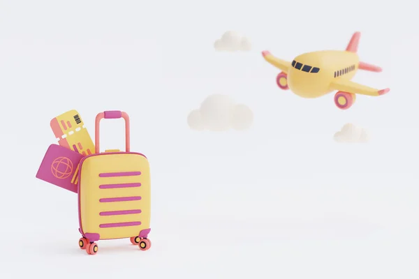 Wykonanie Samolotu Walizką Paszportem Turystyka Koncepcja Podróży Wakacje Wakacji Minimalny — Zdjęcie stockowe