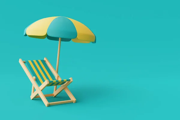 青の背景に隔離されたビーチチェアと傘と夏休みのコンセプトの3Dレンダリング 夏の要素 最小限のスタイル — ストック写真