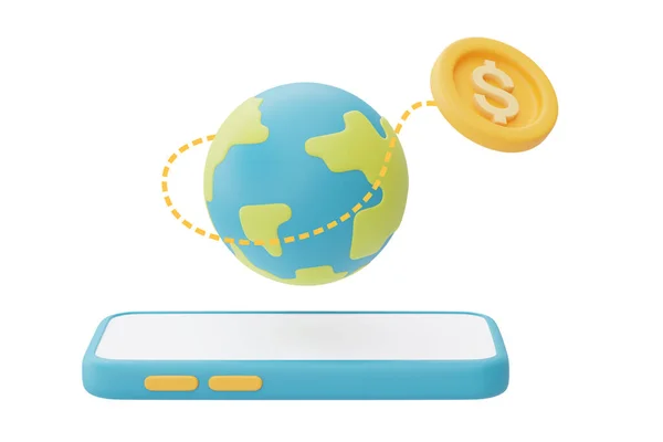 Finansal Piyasalar ve Küresel Ekonomi Konsepti, dünya ve dolar paralı akıllı telefon, döviz kurunda artış istatistiği, 3D görüntüleme.