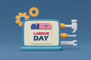 İnşaat araçları ve teçhizat 3D hazırlama ile bilgisayar ekranında İşçi Bayramı