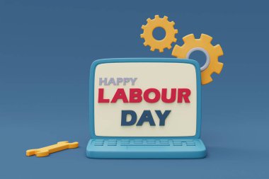 İnşaat araçları ve teçhizat 3D hazırlama ile bilgisayar ekranında İşçi Bayramı