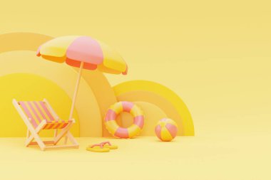 Plaj sandalyesi, şemsiye ve yaz elementleriyle sergilenen üç boyutlu bir sergi..