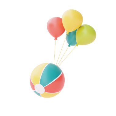 Beyaz arka planda balonlu renkli plaj topu, yaz plajı elementleri, 3D görüntüleme.