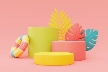 Renkli şişirilebilir yüzüklü, plaj topu ve palmiye yapraklı, 3D işlemeli yaz sergisi.