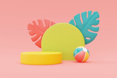 Renkli şişirilebilir yüzüklü, plaj topu ve palmiye yapraklı, 3D işlemeli yaz sergisi.