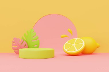 Renkli tropikal meyveler ve palmiye yapraklarıyla yaz sergisi