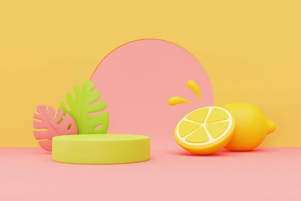 Sommerdisplay Mit Farbenfrohen Tropischen Früchten Und Palmblättern Darstellung — Stockfoto