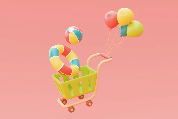 Summer Sale Colorful Summer Beach Elements Shopping Cart Rendering — ストック写真