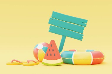 İşaretli renkli yaz plajı elementleri, 3D görüntüleme