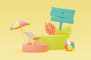 İşaretli renkli yaz plajı elementleri, 3D görüntüleme