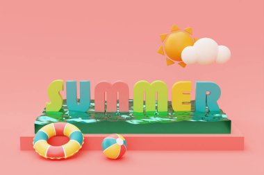 Renkli yaz plaj elementleri ile yaz yüzme havuzu, 3D görüntüleme.