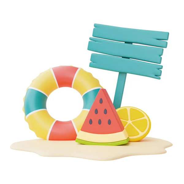彩色充气环 白色背景的水果和路标隔离 夏季海滩元素 3D渲染 — 图库照片