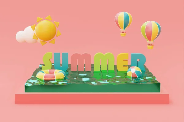 夏季游泳池与五彩缤纷的夏季海滩元素 3D渲染 — 图库照片