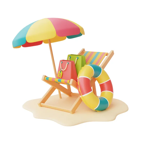 Plaj Sandalyeli Şemsiyeli Renkli Şişme Yüzüklü Yaz Indirimi Beyaz Arka — Stok fotoğraf