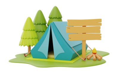 Turist kamp çadırı ve kamp ateşi. Kamp yerinde tahta tabela, yaz kampı konsepti, 3 boyutlu çizim.