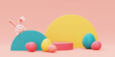 Renkli paskalya yumurtalı Paskalya tavşanı, mutlu paskalya tatili konsepti. Minimum stil, 3D işlemeli..