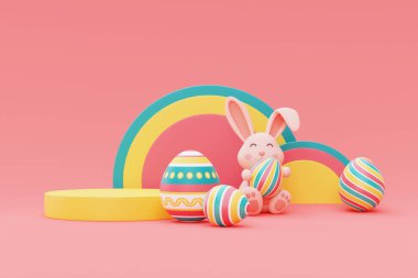 Renkli Paskalya yumurtaları ve podyumlu Paskalya tavşanı, mutlu Paskalya tatili konsepti. Minimum stil, 3D görüntüleme..