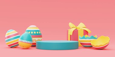 3D renkli paskalya yumurtaları podyumlu, mutlu paskalya bayramı konsepti. Minimum stil, 3D görüntüleme..