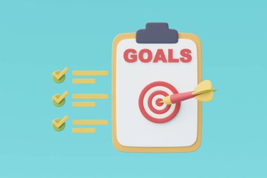 Kırmızı hedef ve ok listede, hedefe ulaşmak, iş stratejisi konsepti, asgari biçim, 3d oluşturma.