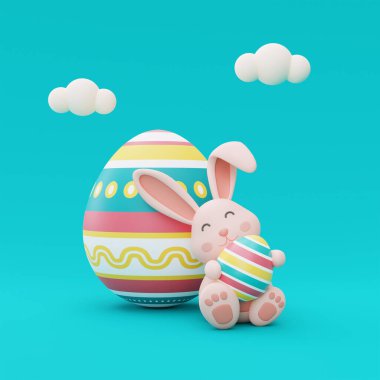 Mavi arka planda renkli paskalya yumurtalı Paskalya tavşanı, mutlu paskalya tatili konsepti.