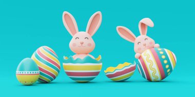 Mavi arka planda renkli paskalya yumurtalı Paskalya tavşanı, mutlu paskalya tatili konsepti.