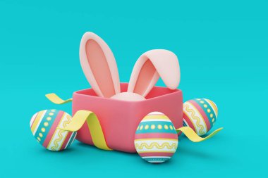 Paskalya tavşanı ve mavi arka planda renkli paskalya yumurtalarının olduğu pembe hediye kutusu. Mutlu Paskalya tatili konsepti..