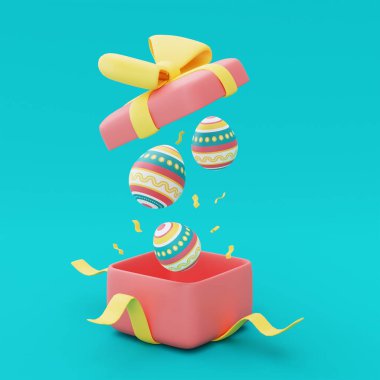 Mavi arka planda renkli paskalya yumurtalarının olduğu pembe hediye kutusu. Mutlu Paskalya tatili konsepti. Minimum stil, 3D görüntüleme..