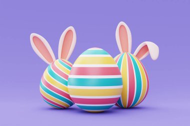 Mor arka planda tavşan kulaklı renkli Paskalya yumurtaları, mutlu Paskalya tatili konsepti. Minimum tarz, 3D görüntüleme..