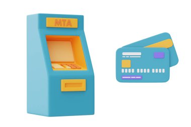 Kredi kartlarıyla izole edilmiş bir ATM makinesi, iş yatırımı konsepti. En az 3D biçimlendirme.