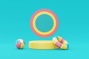 Yaz tatili konseptinin 3 boyutlu canlandırması, yaz elementleri, bulutlar ve gökkuşağı içeren renkli podyum görüntüsü, en düşük biçim 3D oluşturma.