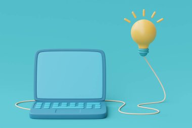 3D render sarı ampul mavi arka planda dizüstü bilgisayarla birlikte yüzer. Minimum biçim, 3D görüntüleme.