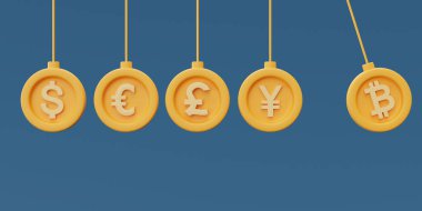 para sembollü sikkeler asmak, bitcoin, dolar, euro, pound and yen işareti, 3d yorumlama.