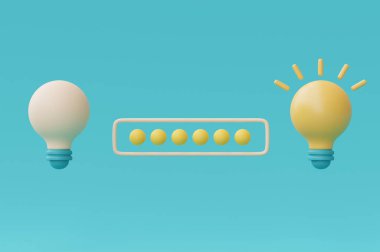 Mavi zemin üzerinde 3D render sarı ampul, fikir yükleme konsepti, iş fikri için yaratıcılık, minimal biçim, 3D rendeleme