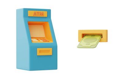 Bankamatik arka planda izole edilmiş, ticari finansal yatırım kavramı. 3D biçimlendirme.