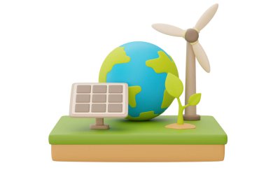 Dünya küresi, güneş panelleri, rüzgar türbini ve tohumlama ile alternatif elektrik kaynağı, çevre dostu, temiz enerji, 3D görüntüleme.