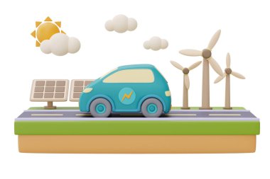 Alternatif elektrik kaynağı, arka planda rüzgar türbinleri ve güneş panelleri olan bir yolda elektrikli araba, çevre dostu, temiz enerji, 3D görüntüleme.
