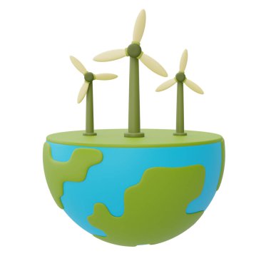 Dünya günün kutlu olsun, rüzgar türbinli dünya, gezegeni ve enerji kavramını kurtar, sürdürülebilir enerji gelişimi, 3D görüntüleme.