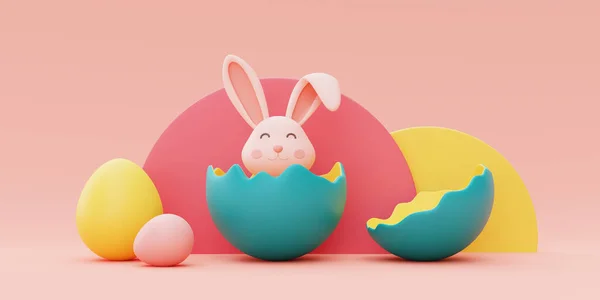 Conejo Pascua Con Huevos Pascua Coloridos Feliz Fiesta Pascua Concept —  Fotos de Stock