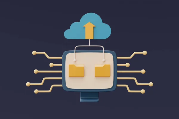 Koncepcja Technologii Przechowywania Chmurze Niebieskim Symbolem Chmury Ikoną Folderu Komputerze — Zdjęcie stockowe