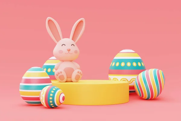 Huevos Pascua Coloridos Conejito Pascua Con Podio Feliz Fiesta Pascua —  Fotos de Stock