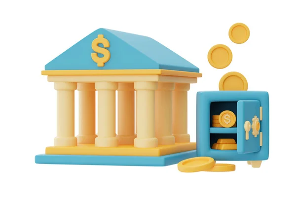 Render Bank Building Safe Box Golden Coin Stacks Isolated Light — 스톡 사진