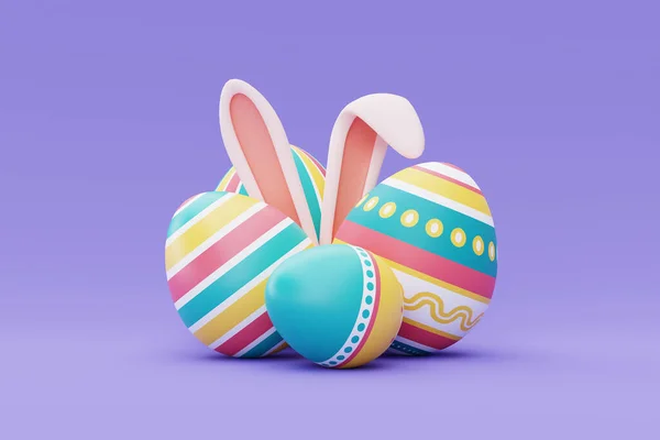 Huevos Coloridos Pascua Con Orejas Conejo Fondo Púrpura Feliz Fiesta —  Fotos de Stock