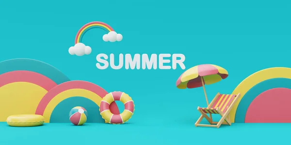 Rendering Summer Vacation Concept Colorfull Podium Display Summer Elements Clouds — Stock Photo, Image