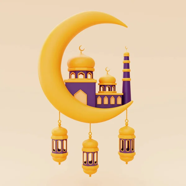 Ramadan Greetings Lantern Mosque Crescent Moon Islamic Holiday Raya Hari — Stock Photo, Image