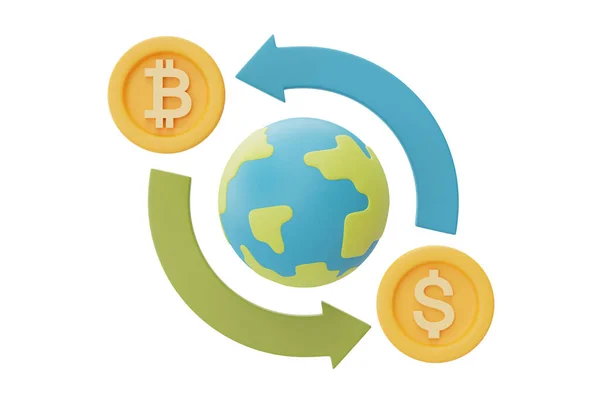 金融或货币兑换概念 带有比特币和美元硬币的环球 数字支付 汇率上升统计 3D渲染 — 图库照片
