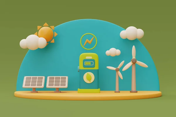 Alternatif elektrik kaynağı, rüzgar türbinleri ve güneş panelleri olan elektrikli araba şarj istasyonu, çevre dostu, temiz enerji, 3D görüntüleme.