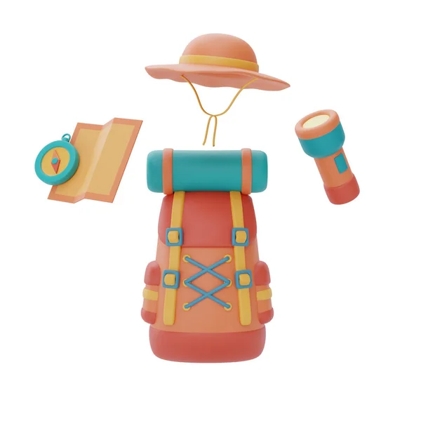 travel backpack with camping equipment,hiking hat,flashlight,map and compass,summer camp concept,3d rendering.