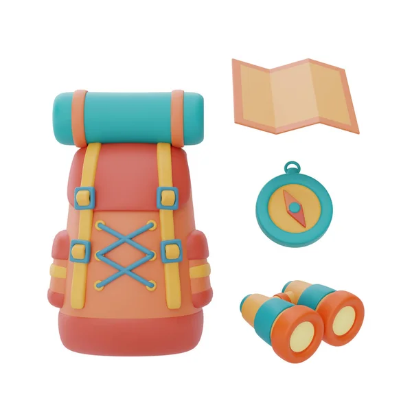 travel backpack with camping equipment,binoculars,map and compass,summer camp concept,3d rendering